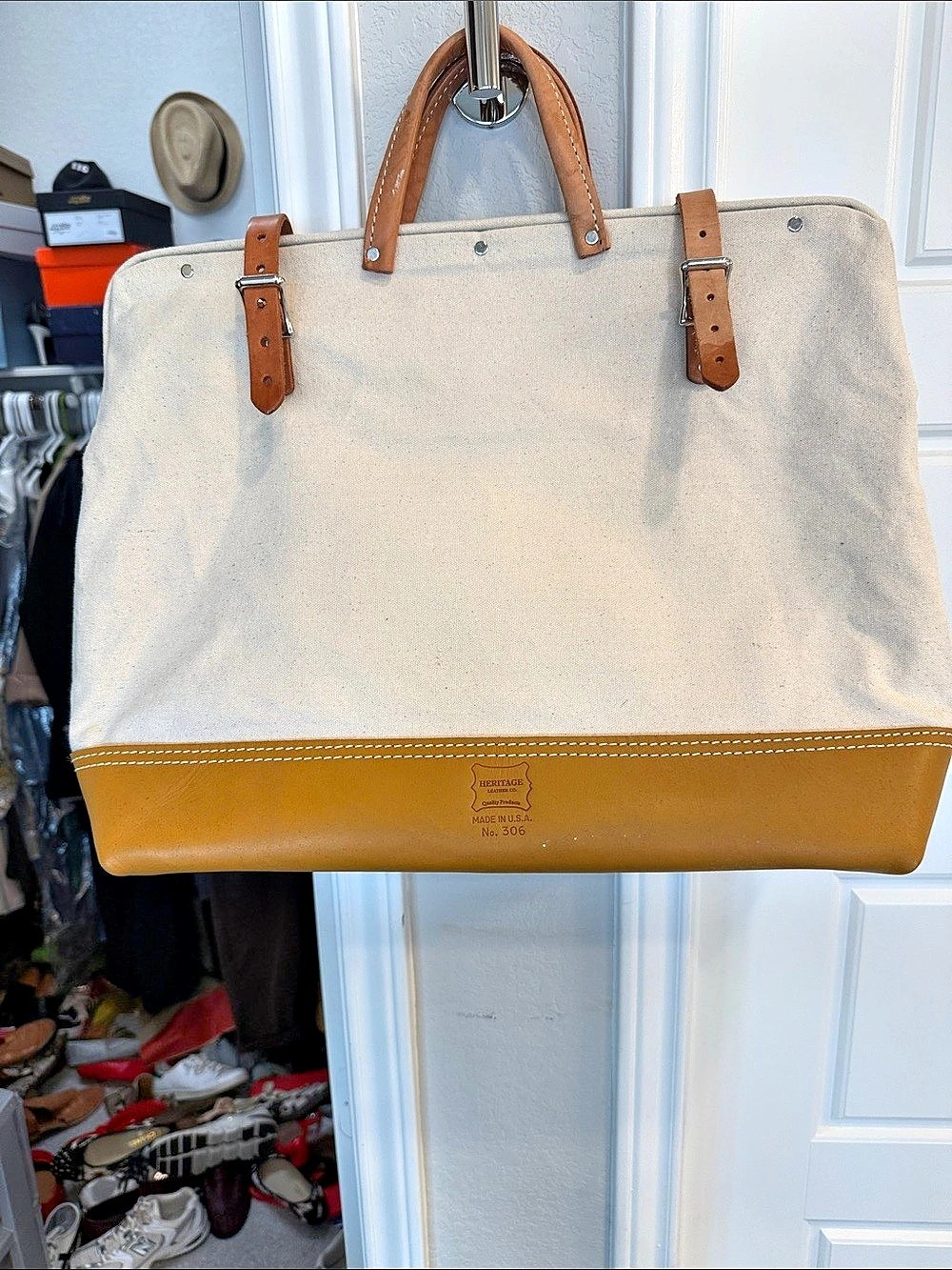 Heritage Leather Co. Leather Mason Bag. Tote in Cream & Brown